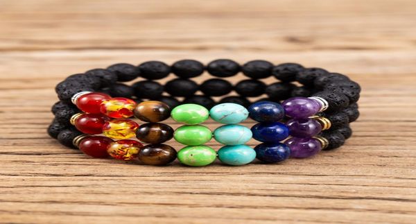 

7 chakras 8mm black lava stone bracelet diy aromatherapy essential oil diffuser bracelet buddha mala yoga jewelry7001825, Golden;silver