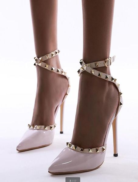 

size 35 to 42 high heels nude pink pointed toe cross strap rivets shoes 12cm luxury women designer shoes tradingbear5380012, Black