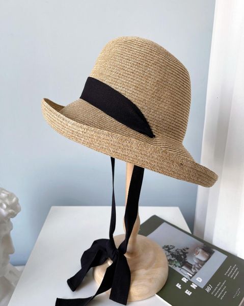 

big hat net red with pastoral style fisherman039s female summer sun protection straw long ribbon curling basin beach3117576, Blue;gray