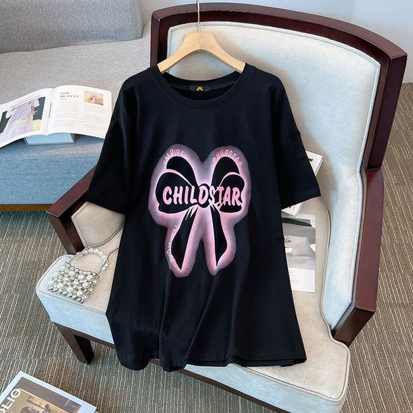 

women's plus size tshirt 150kg bust 160 summer loose shortsleeved round neck bow printed long black 6xl 7xl 8xl 9xl 10xl 230905