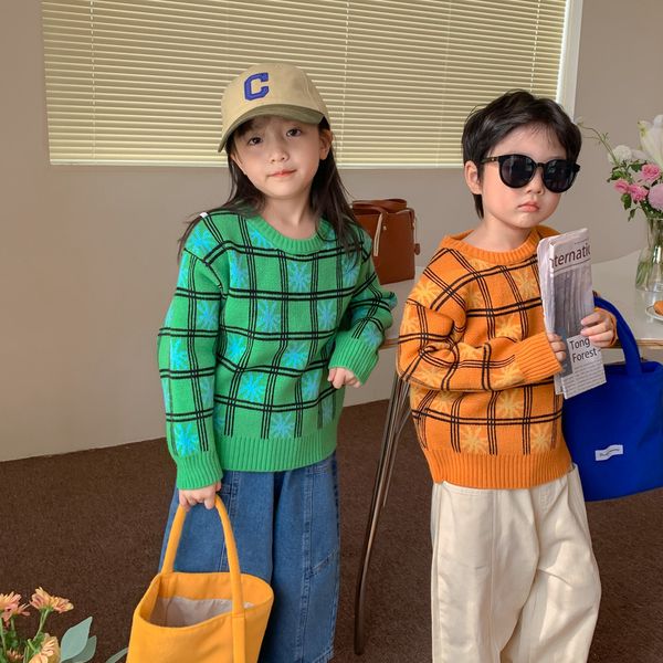 

pullover 2023 korean spring autumn toddler girls knitted plaid thick sweater long sleeve loose warm children outfit 230905, Blue