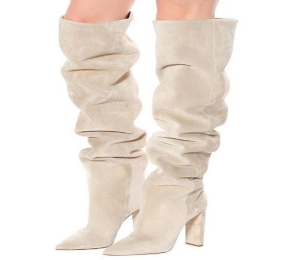 

winter black beige brown genuine leather pointed toe fold tube slip on thick heels over the knee loose long boots5363368