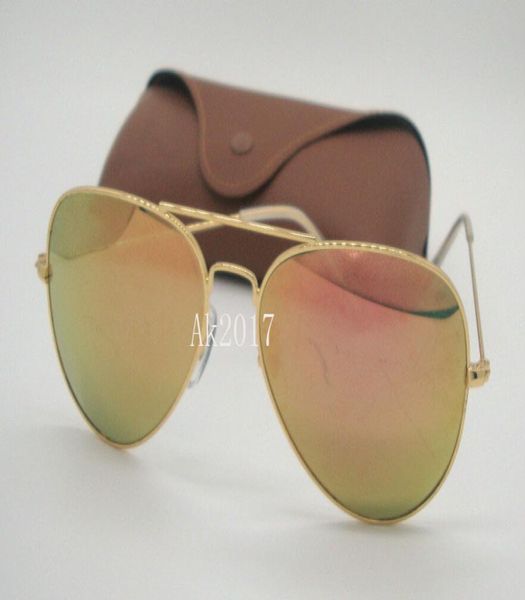 

1pair gold frame pink flash mirror pilot colorful sunglasses metal sun glasses for women glass lenses with brown case2129249, White;black