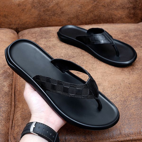 

r men's shoes flip-flops summer flat leather leather beach sandals flip-flops fashion non-slip men's slippers size 38-44, Black