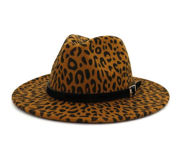 

autumn winter women men wide brim leopord printed faux wool hats lady panama vintage fedora hat jazz cap with belt buckle 60 cm2135041, Blue;gray