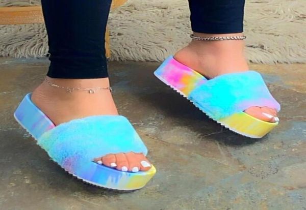

autumn women fashion allmatch thicksoled slides shoes woman platform color printing sandals outdoor casual fox fur slippers4541265, Black