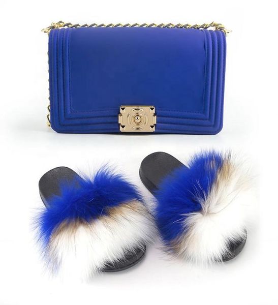 

rainbow color shoulder designer handbags raccoon real fox fur slides sets and purse set jelly purses with slippers1544144, Black