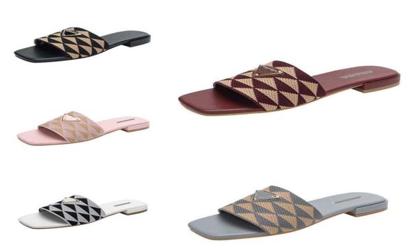 

fashion sandals woven beach shoes flat sliders designer slippers women flip flops triangle symbole jacquard plaid slide womens sli3990829, Black
