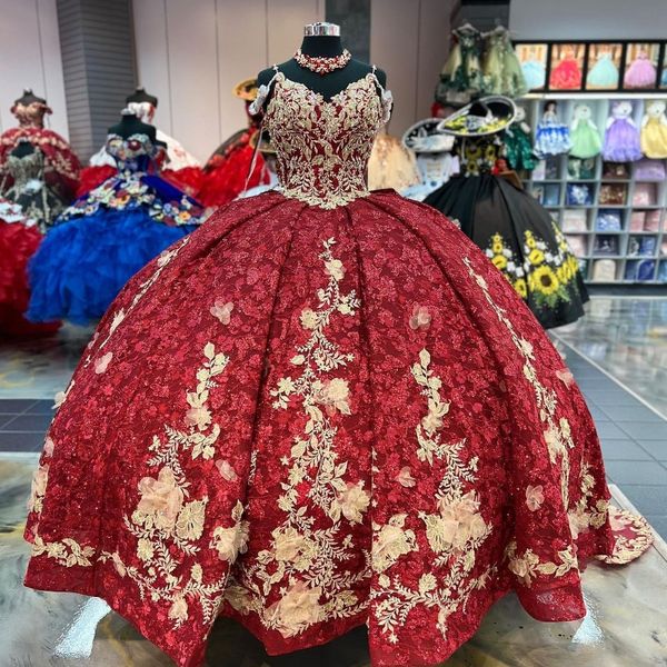 

luxury red shiny sequined quinceanera dress 2023 party gown princess gold lace appliques flower spaghetti strap vestidos de 15, Blue;red