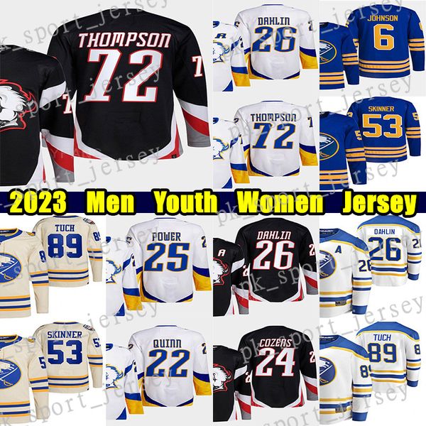 

#72 tage thompson reverse retro hockey jersey #26 rasmus dahlin #27 devon levi dylan cozens owen power kyle okposo alex tuch jack quinn tyso, Black;red