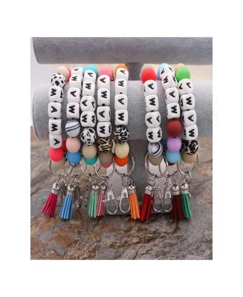 

foreign trade food grade silicone letter beads bracelet keychain korean velvet tassel pendant key ring female multicolor optional8021692, Silver