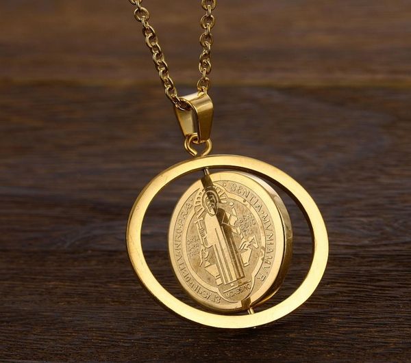 

san benito medal pendant gold color stainless steel rotatable jesus pendants necklaces for religious jewelry medallion ma039l3143891, Silver