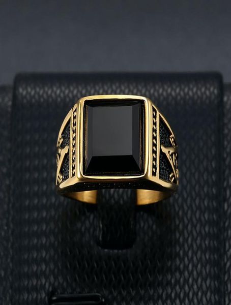 

european and american classic retro ring titanium steel colorretaining gold plated black agate masonic ag mens ring7736451, Silver