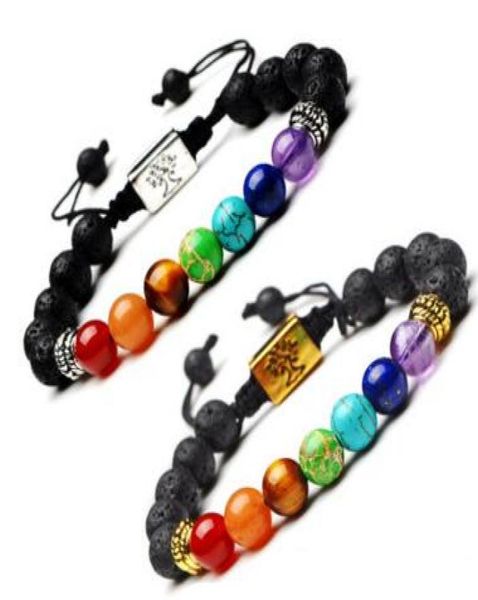 

fashion black lava stone essential oil diffuser bracelet square tree of life 7 chakra beads women men yoga buddha bracelets moq 305840935, Golden;silver