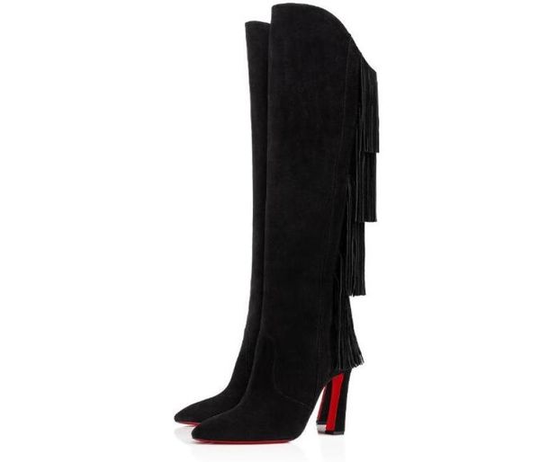 

italy brands winter women's booty famous boot lion tall boots chunky heels with tassel booties elegant lady party wedding dress, Black