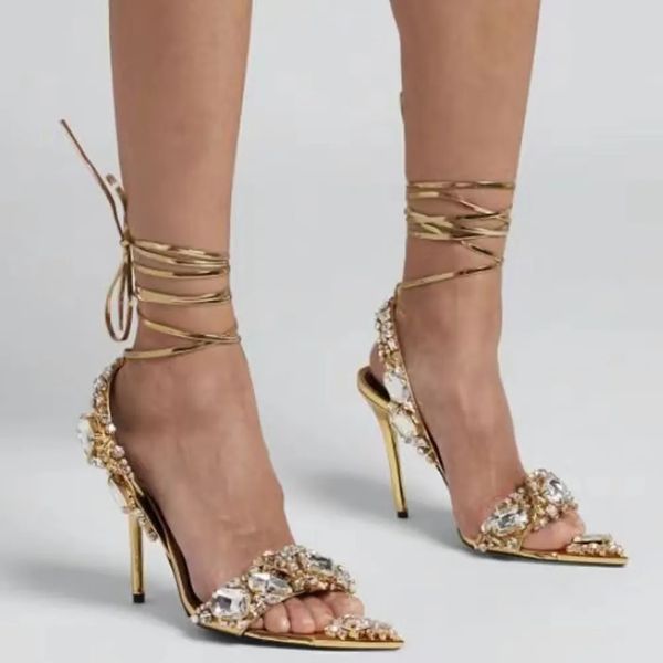 

fashion pointed sandals stiletto rhinestone decoration heels for women party evening shoes open toe ankle strap mirror leather luxury design, Black