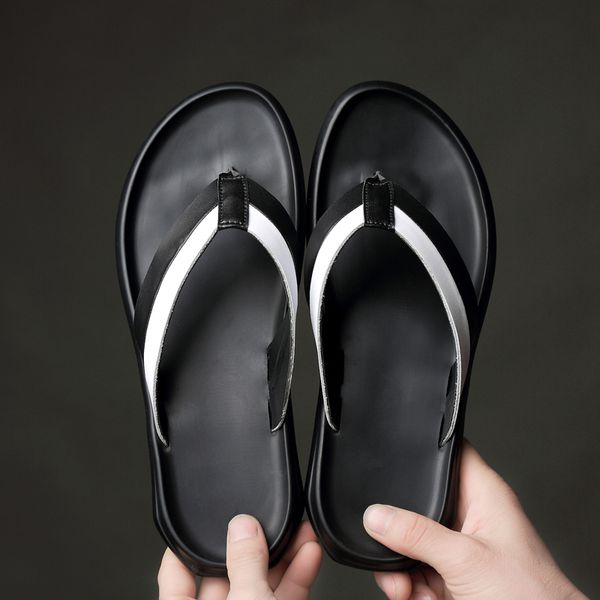 

2024 men's shoes flip-flops summer flat leather leather beach sandals flip-flops fashion non-slip men's slippers size us6.5-us9.5, Black