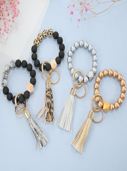 

9 colors black frosted wooden bead bracelet keychain fashion leopard pattern tassel pendant bracelets women girl keyring wrist str3961694, Silver