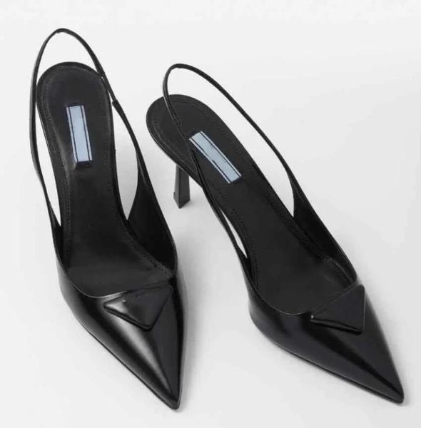 

elegant brands triangle brushed leather sandals shoes for women slingback pumps luxury footwear women high heels party wedding dre9931657, Black