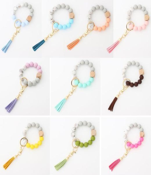 

bead keychain wooden tassel bead string chain food grade silicone bead bracelet women girl key ring wrist strap bracelet keychain8086409, Silver