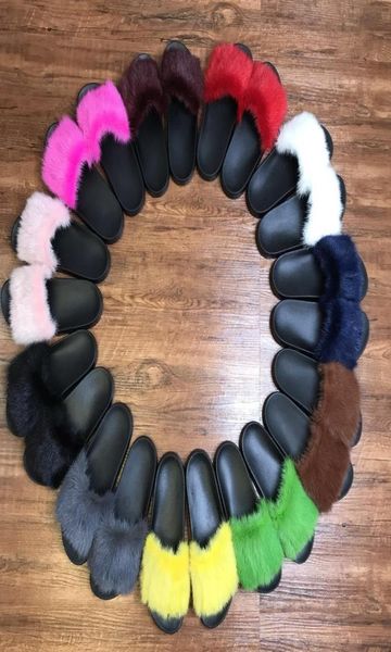 

fur women slippers sweet candy color soft warm real full mink hair fuzzy slipper slides mules woman open toe flat shoes with box s3033856, Black