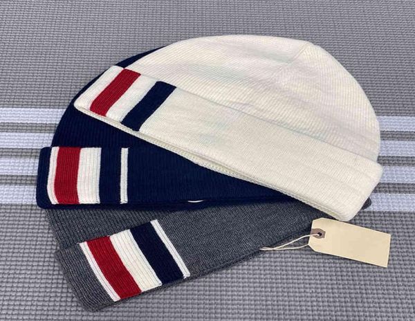 

men039s knitted luxury brand tb thom winter warm beanies women casual wool cashmere elastic stripe hip hop hats1746228, Blue;gray
