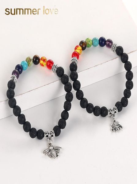 

7 chakra lava stone beads bracelet bee heart love friendship elephant angel wish charm essential oil diffuser yoga bracelet1561885, Black