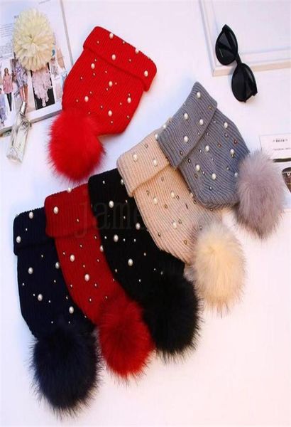 

peal knit hat fashion knitted hats with beads thick warm winter cap soft stretch pom poms beanies women039s skullies ball caps 3158423, Blue;gray