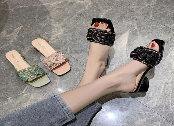 

2020 new rhinestone word slippers women039s shoes summer wear fairy style comfortable heel sandals women beach shoes4267442, Black