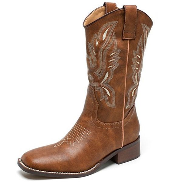 

boots western womens cowboy spring autumn embroidered knight square head thick soled and elegant mid boots 230905, Black