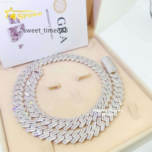 

fine jewelry bling 925 silver 15mm hip hop miami iced out vvs moissanite baguette cuban link chain