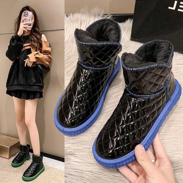 

boots snow boots for women in winter new plush insulation diamond checkered bright face short with flat bottoms casual and comfortable cotto, Black