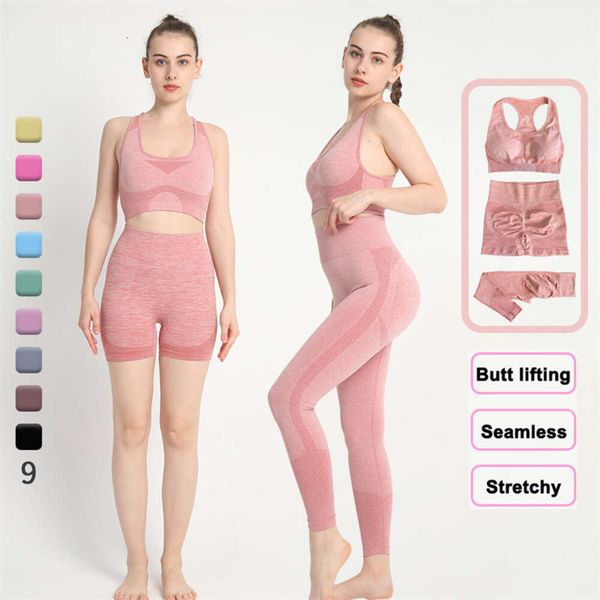 

yoga lu lu lemon women sports 3 piece set seamless workout gym wear fitness clothes high waist leggings shorts bra activewear suits running