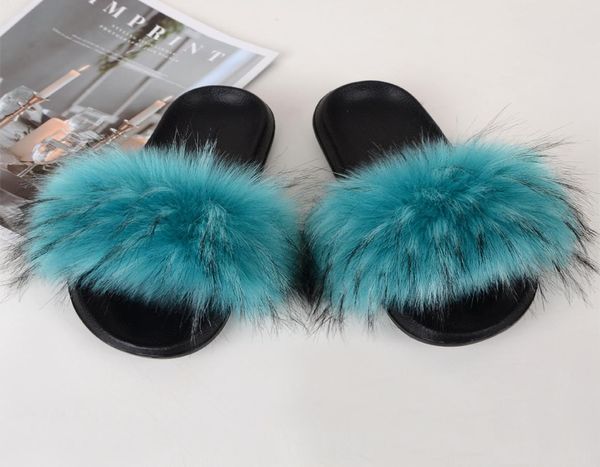 

summer women slippers imitation fox fur plush slippers imitation raccoon fur nonslip flip flops flat slides fashion slip6845851, Black