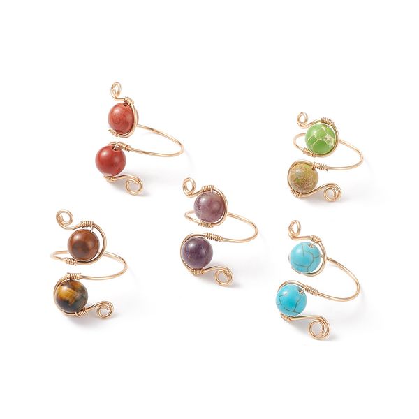 

copper wire chakra stone beaded rings for women men amethyst 18k gold handmade wedding party finger ring, Golden;silver