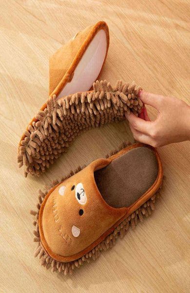 

women men winter cartoon slippers new house floor cleaning foot shoes cute cat bear removable for clean dust mop indoor slippers h4775327, Black