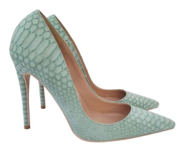 

2021 fashion women shoes mint green serpentine leather print pointed high heeled pumps light mouth 12cm stiletto heels point toes 7250074, Black
