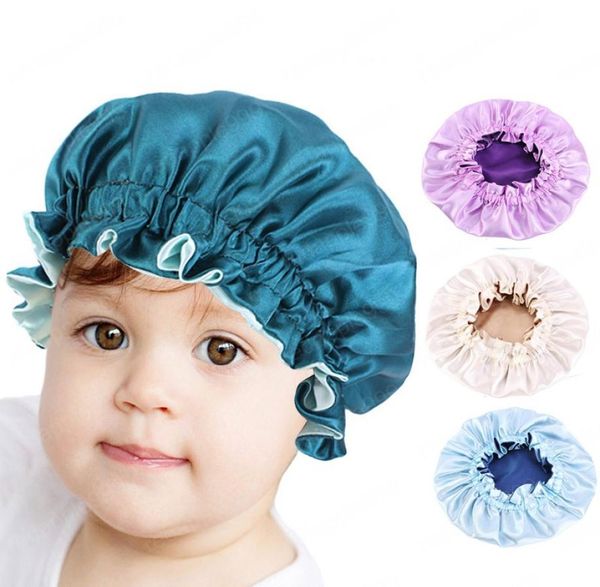 

kids adjust reversible satin bonnet hair caps double layer sleep night cap girl night turban children solid headwear cute hat7627708, Blue;gray