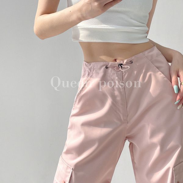 

women's pants s summer women bottoms vintage pink high waist cargo baggy wide leg mopping street drawstring black straight trouser 2309, Black;white