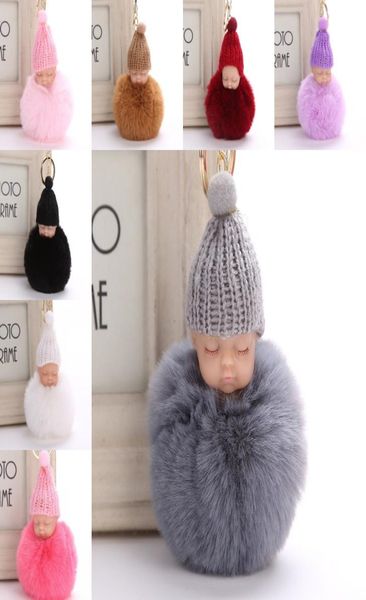 

sweet fluffy pompom sleeping baby key chain faux rabbit fur pom pon knitted hat baby doll keychain car keyring toy trendy gifts6518033, Silver