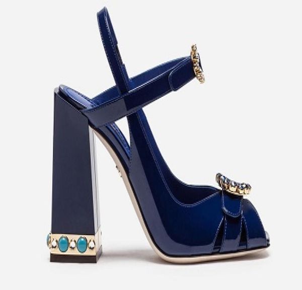 

2019 ladies patent leather diamond pearl wedding chunky 10cm high heel peeptoes buckle strap sandals shoes blue siz4625607, Black