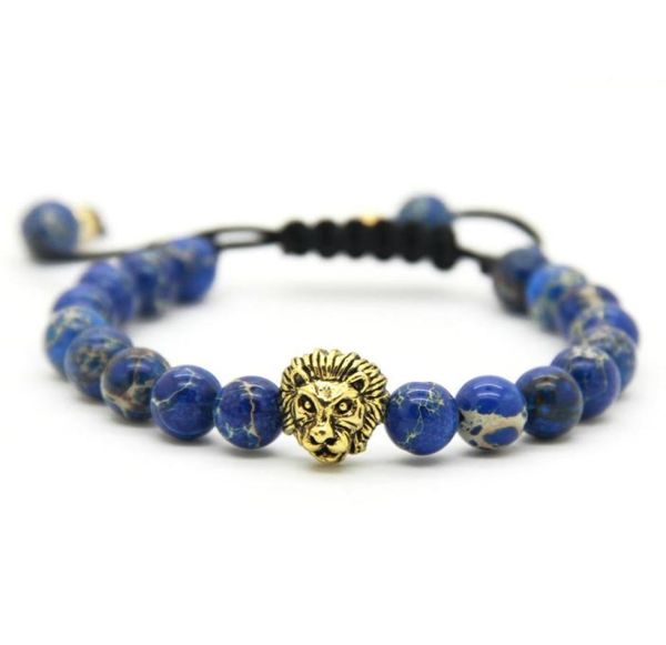 

1pcs retail men039s bracelets 8mm stone beads gold silver plated lion head braiding bracelets8488872, Golden;silver