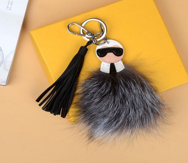 

2018luxury logo fluffy karl genuine raccoon fur pompom monster bag bugs charm keychain plush key ring leather tassel pompom4486628, Silver