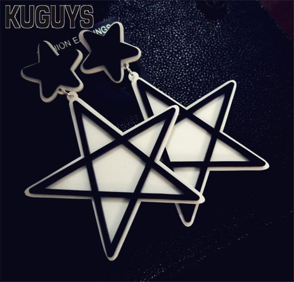 

kuguys hiphop pentagram large dangle earrings for womens fashion oorbellen womans pendientes acrylic black white drop earring brin6740745, Silver