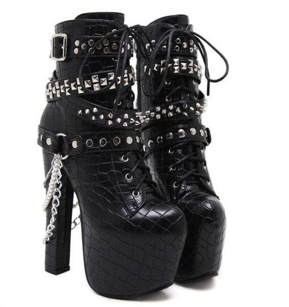 

zip metal chains rivet motorcycle boots women shoes super high heels platform ankle boots punk rock gothic biker yma7049477667, Black