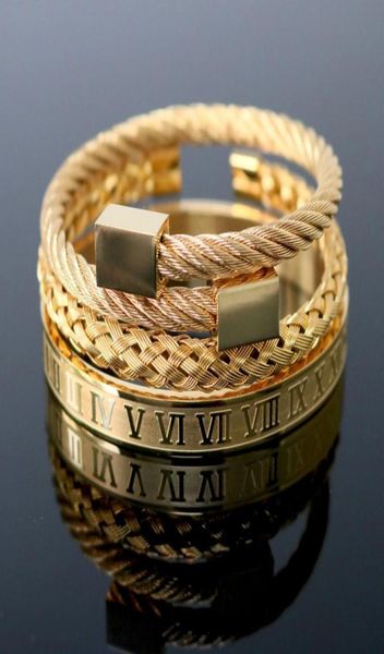 

3pcsset roman numeral men bracelets stainless steel hemp rope buckle open bangles gold pulseira bileklik punk bracelet jewelry4153862, Golden;silver