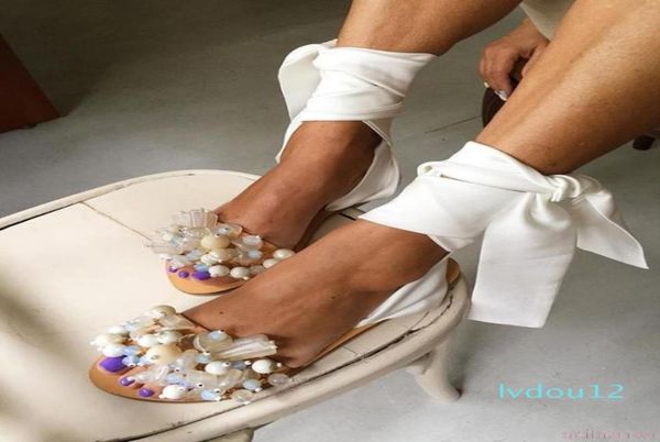 

women handmade pearl sandals women flat sandals ankle strap beaded special women039s shoes beach candy colour size 357877880, Black