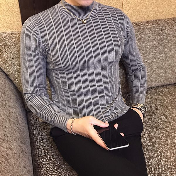 

mens sweaters korean pullover autumn winter casual striped solid sweater men half high collar stretch tight slim knit 230905, White;black