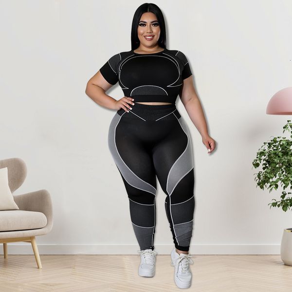 

women's plus size tracksuits set's clothes tracksuit short and pant two piece sets gym joggers sports outfits high elastic yoga se, Black