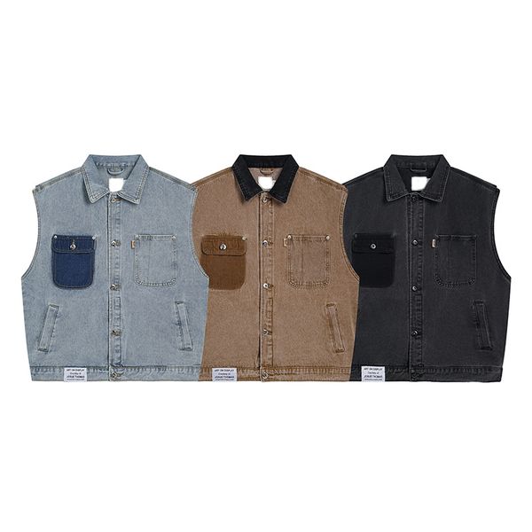 

mens denim vest jacket spring autumn streetwear sleeveless coat fashion clothes casual vintage washed jacket with single breasted, Black;brown